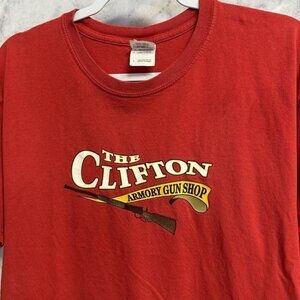 Vintage Armory Gun Shop T Shirt Mens Large Red Short Sleeve Y2K The Clifton